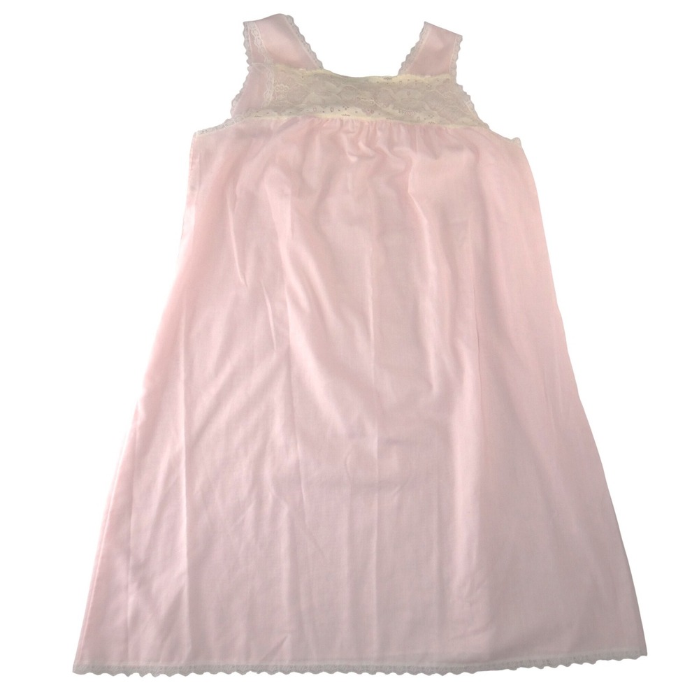 Katz‎ Vintage Pink Lace Trim Nightgown Sleeveless Square Neck USA Made Large
